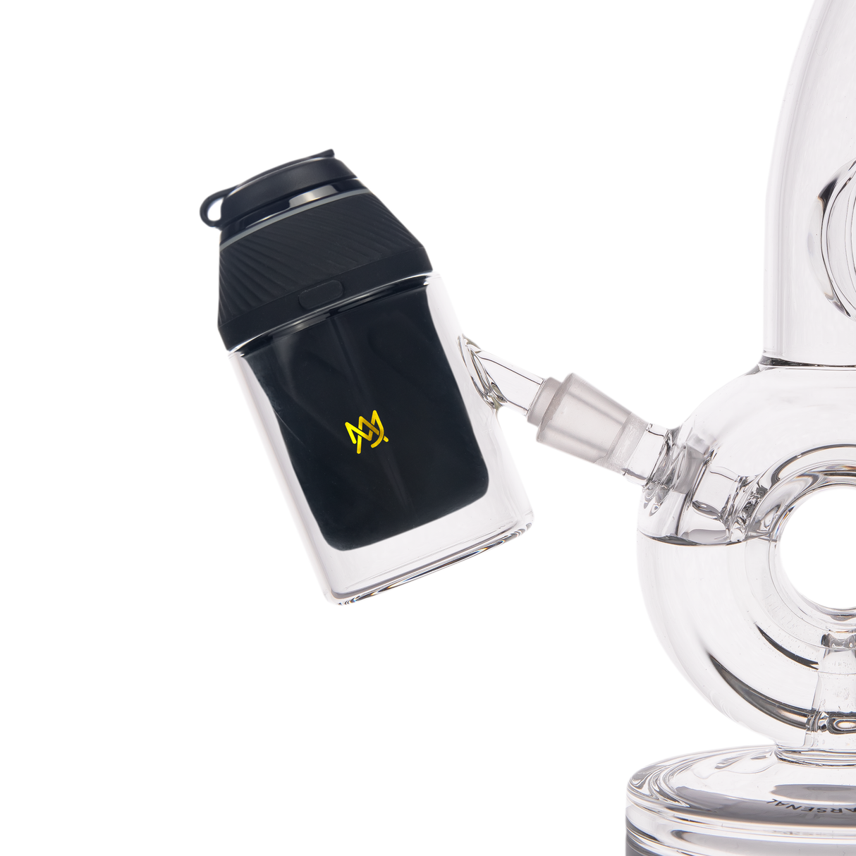MJ Arsenal Proxy Attachment in black, 45 Degree angle, connected to a clear glass rig