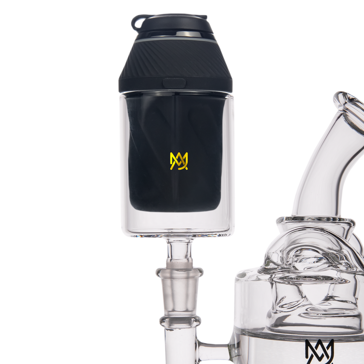 MJ Arsenal Proxy Attachment connected to a glass dab rig, clear view showcasing the sleek design