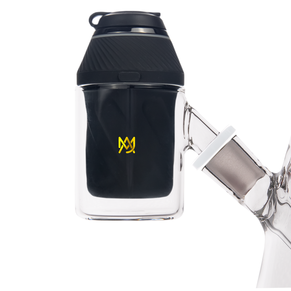 MJ Arsenal Proxy Attachment connected to glass rig, close-up side view on white background