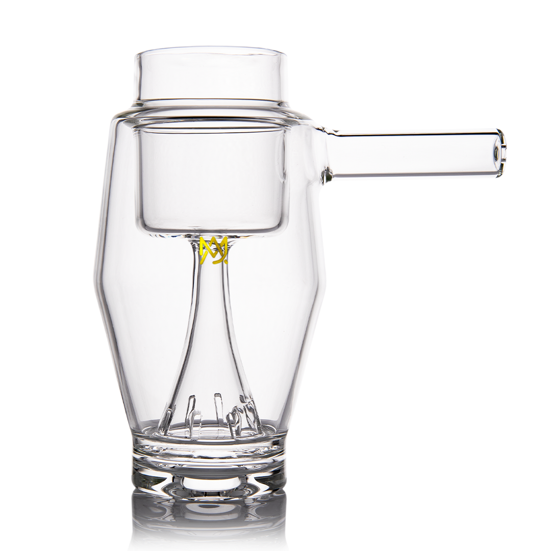 MJ Arsenal Proxy Bubbler Mini, clear glass dab rig, front view on seamless white background