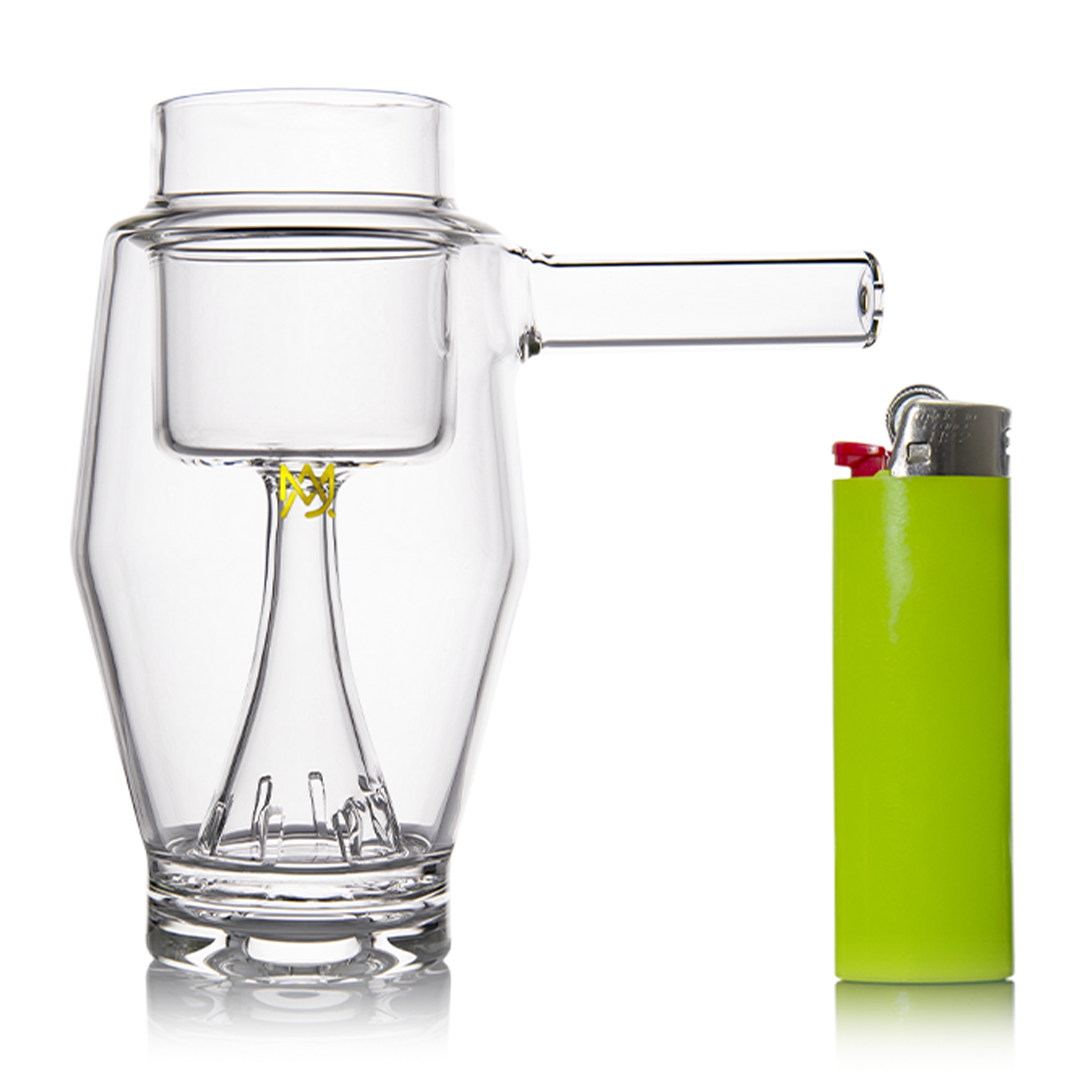 MJ Arsenal Proxy Bubbler Mini with glass on glass joint, side view next to green lighter