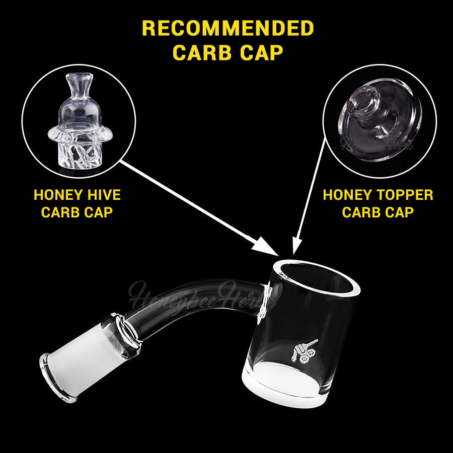 Honey & Milk Quartz Banger at 45° angle with recommended carb caps on black background