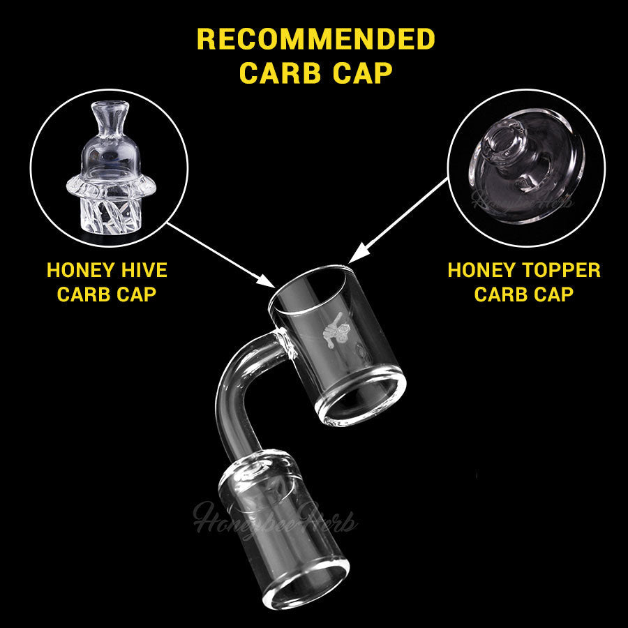 Honey Disc Quartz Banger at 90Β° angle with recommended carb caps for dab rigs by Honeybee Herb