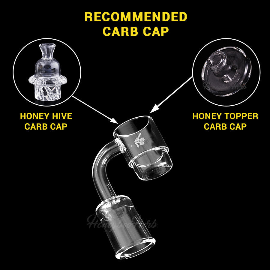 Honeybee Herb Quartz Banger at 90° angle with recommended carb caps for dab rigs on black background