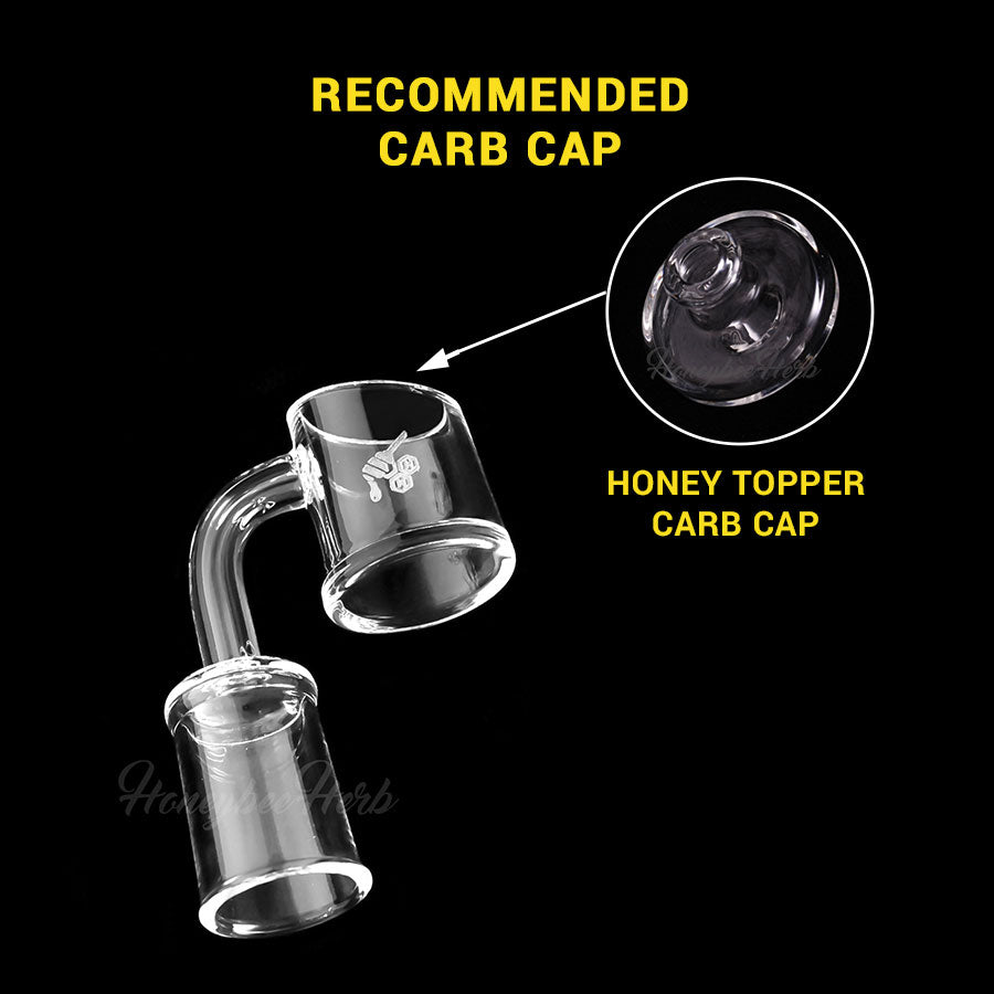 Honeybee Herb Quartz Banger at 90Β° angle with recommended Honey Topper Carb Cap