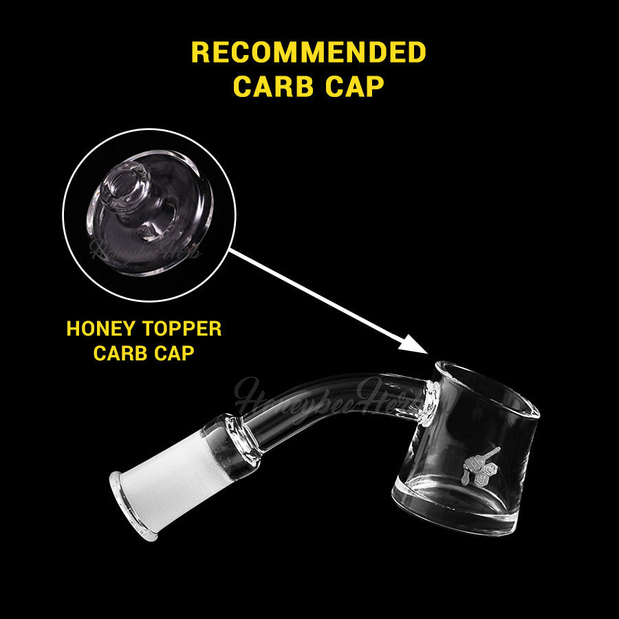 HoneybeeHerb Fat Bottom Quartz Banger at 45Β° angle with recommended carb cap