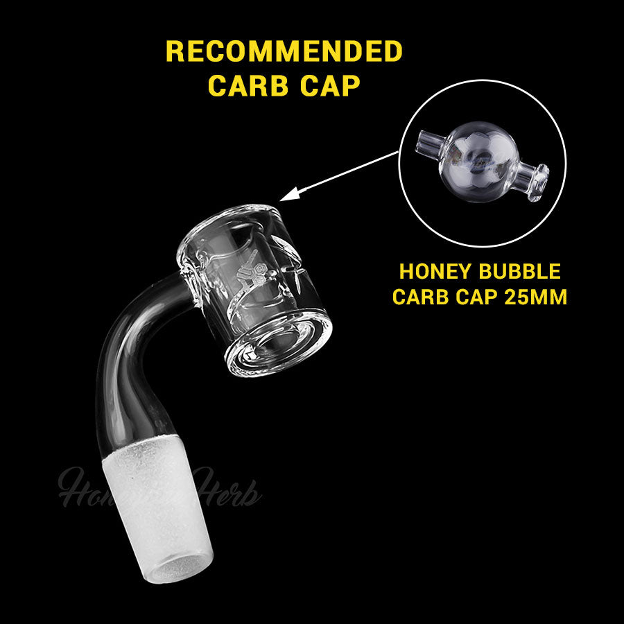 Honeybee Herb Honey Chamber Quartz Banger at 90Β° angle with recommended Carb Cap