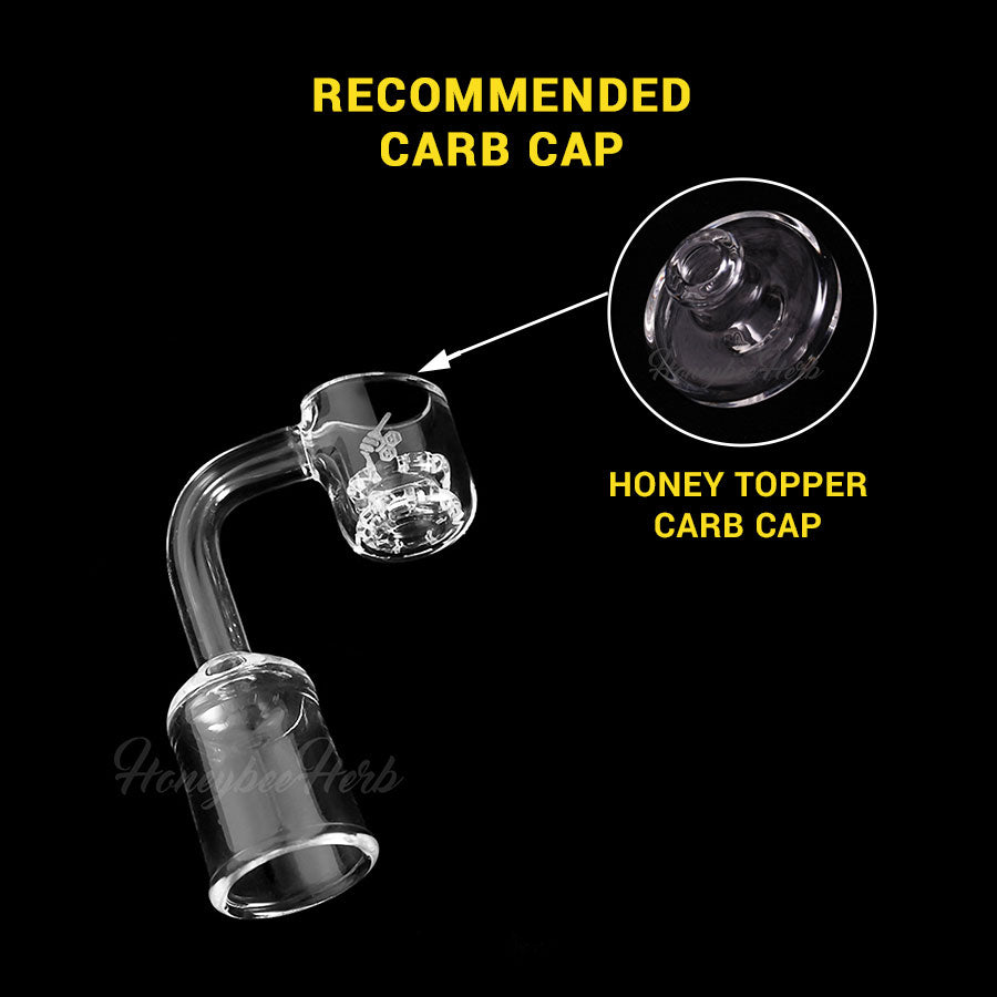 Honeycomb Knot Quartz Banger at 90Β° angle with recommended Carb Cap for dab rigs