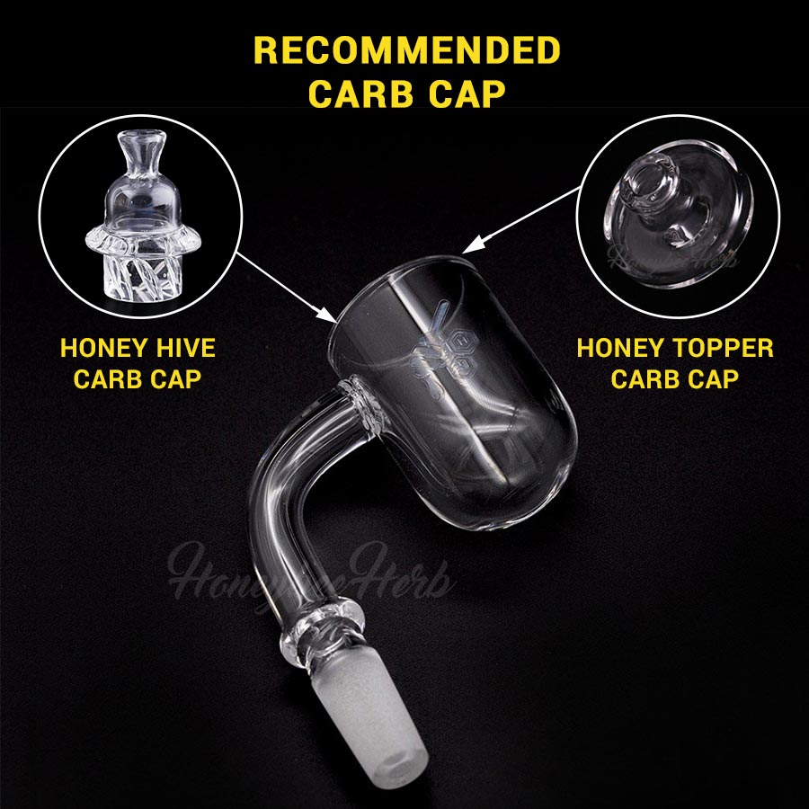 Honey Cyclone Quartz Banger at 90Β° angle with recommended carb caps for dab rigs