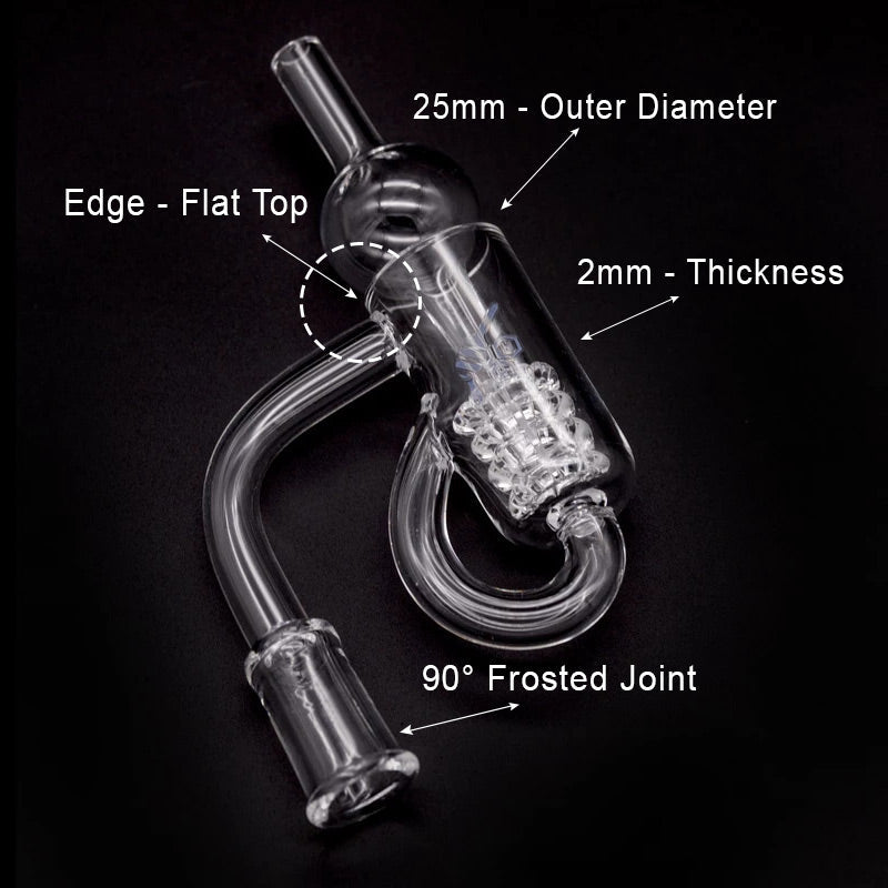 Honeybee Herb Recycler Quartz Banger with 90 Degree Frosted Joint on Black Background