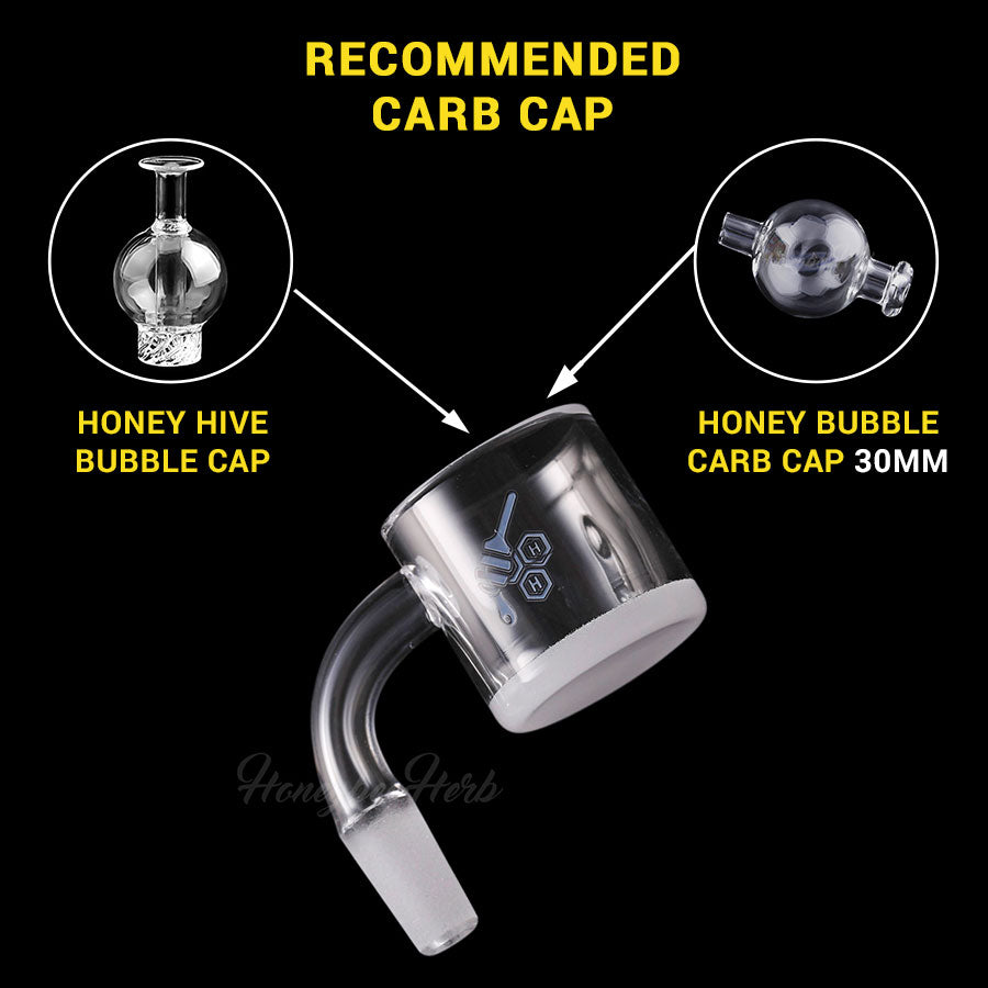 Honey & Milk XL Bevel Quartz Banger at 90° angle with recommended carb caps