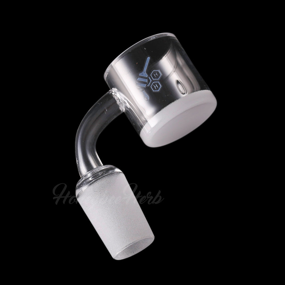 Honey & Milk XL Bevel Quartz Banger at 90° angle, 18mm male joint, clear quartz on black background