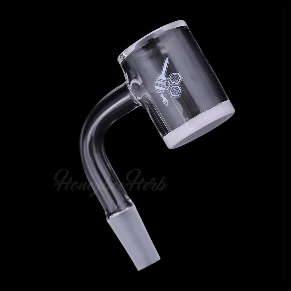 Honey & Milk Bevel Quartz Banger at 90° angle, 10mm Male joint, clear quartz, side view