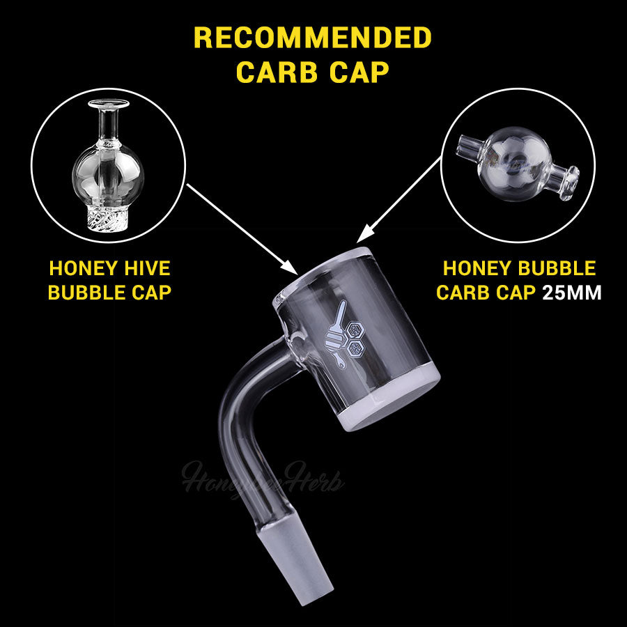 Honey & Milk Bevel Quartz Banger at 90° angle with recommended carb caps on black background
