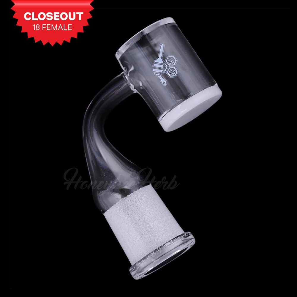 Honey & Milk Bevel Quartz Banger 90° Degree, 18mm Female Joint, Side View on Seamless White
