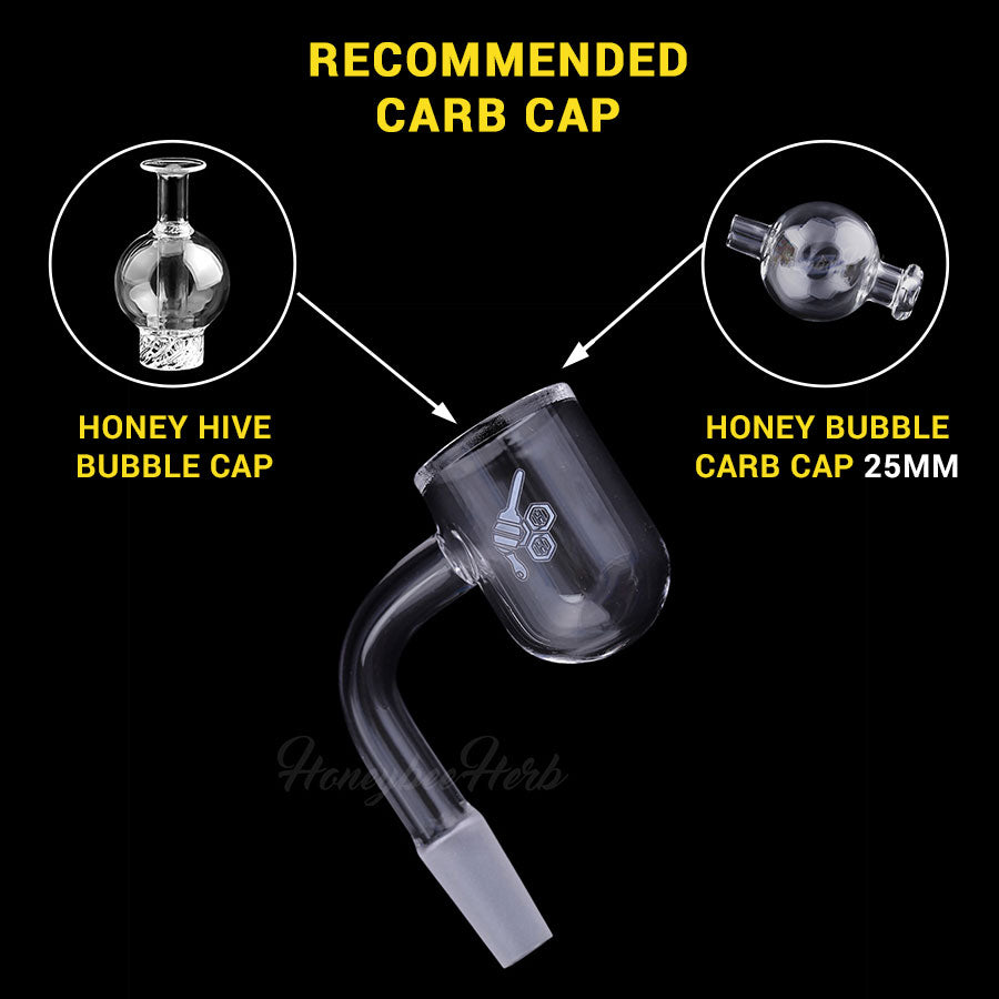 Honey Bevel Bowl Quartz Banger at 90Β° angle with recommended carb caps for dab rigs
