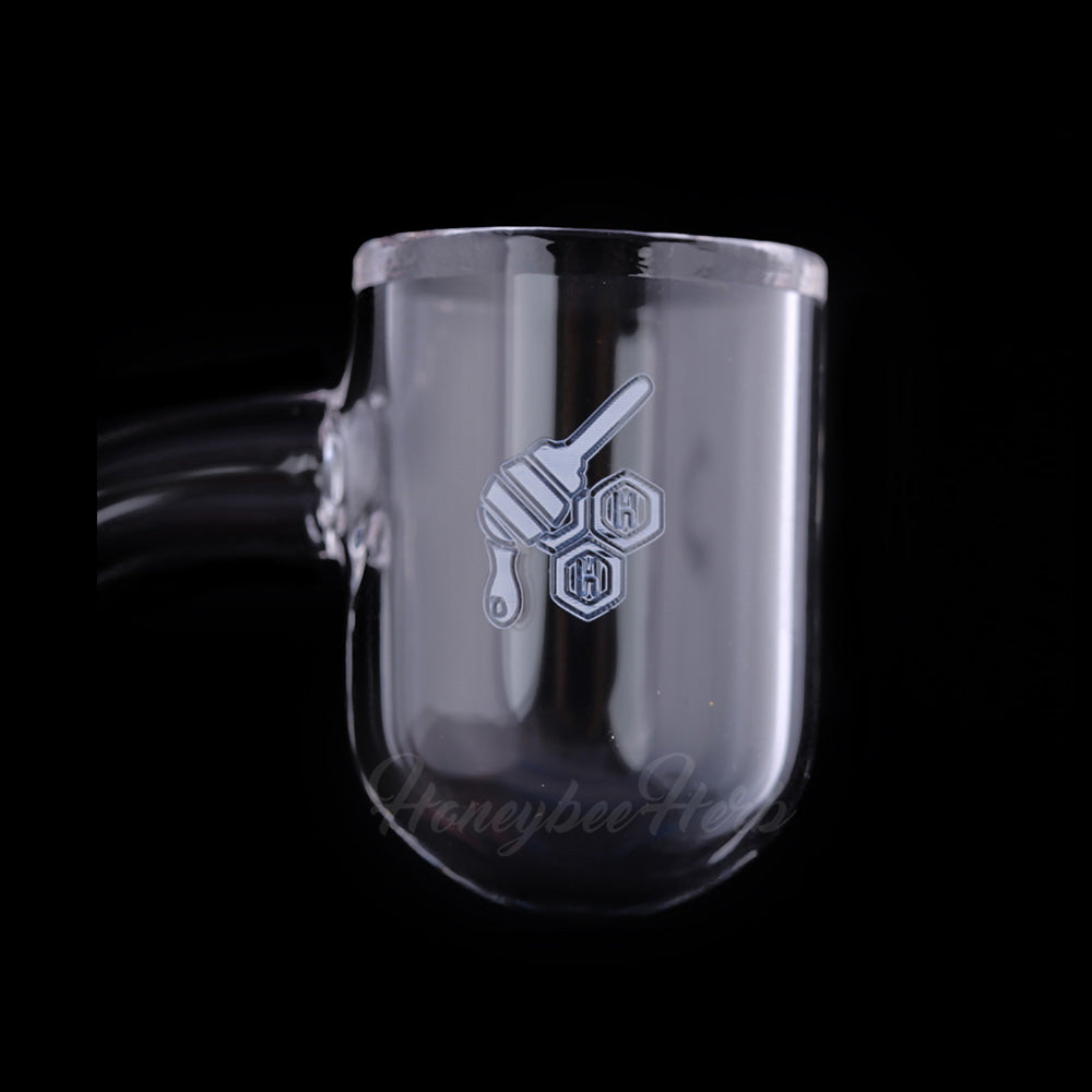 Honeybee Herb Quartz Banger with 90Β° Joint Angle and Honey Bevel Design, Front View on Black Background