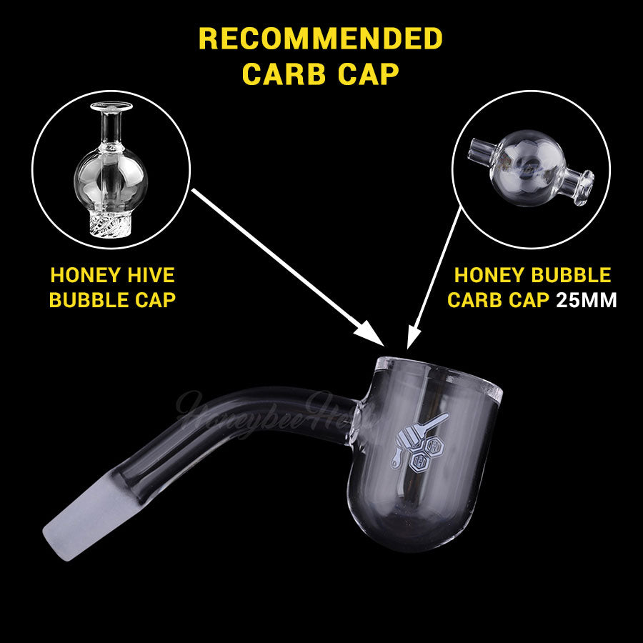 Honey Bevel Bowl Quartz Banger at 45Β° Angle for Dab Rigs, Clear, with Recommended Carb Caps
