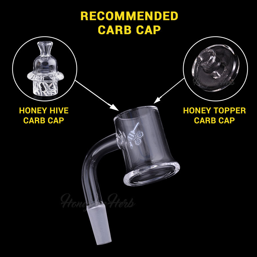 Honey Mug Quartz Banger at 90Β° angle with recommended carb caps for dab rigs by Honeybee Herb