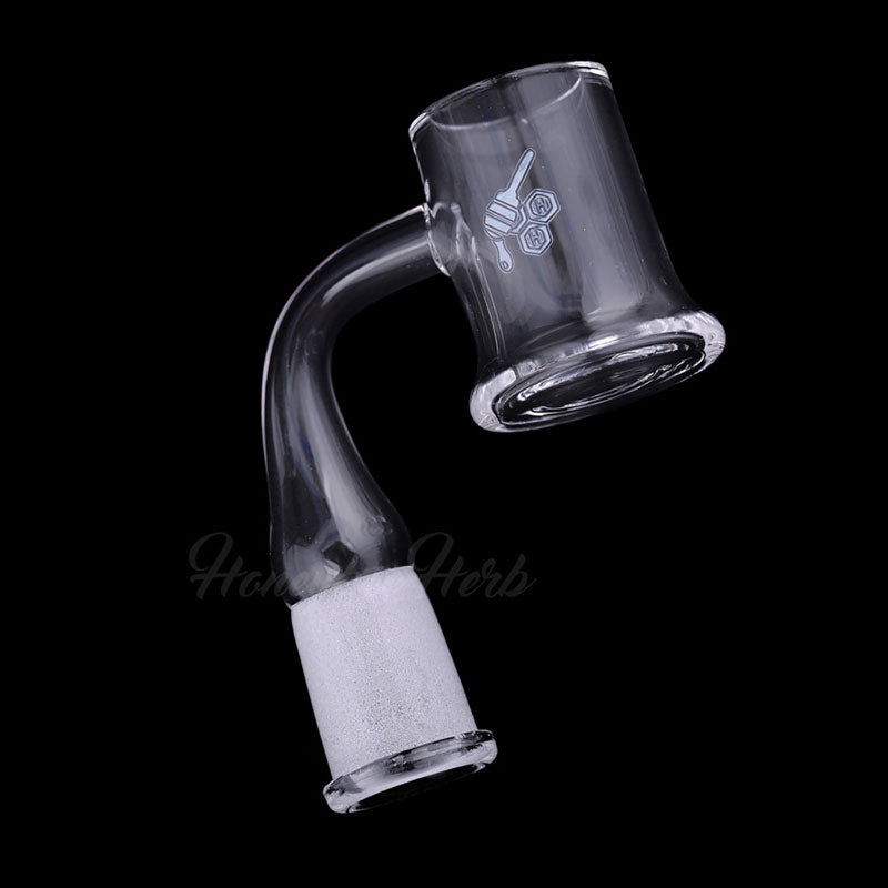 Honey Mug Quartz Banger by Honeybee Herb, 90Β° angle, 14mm female joint, clear quartz, side view