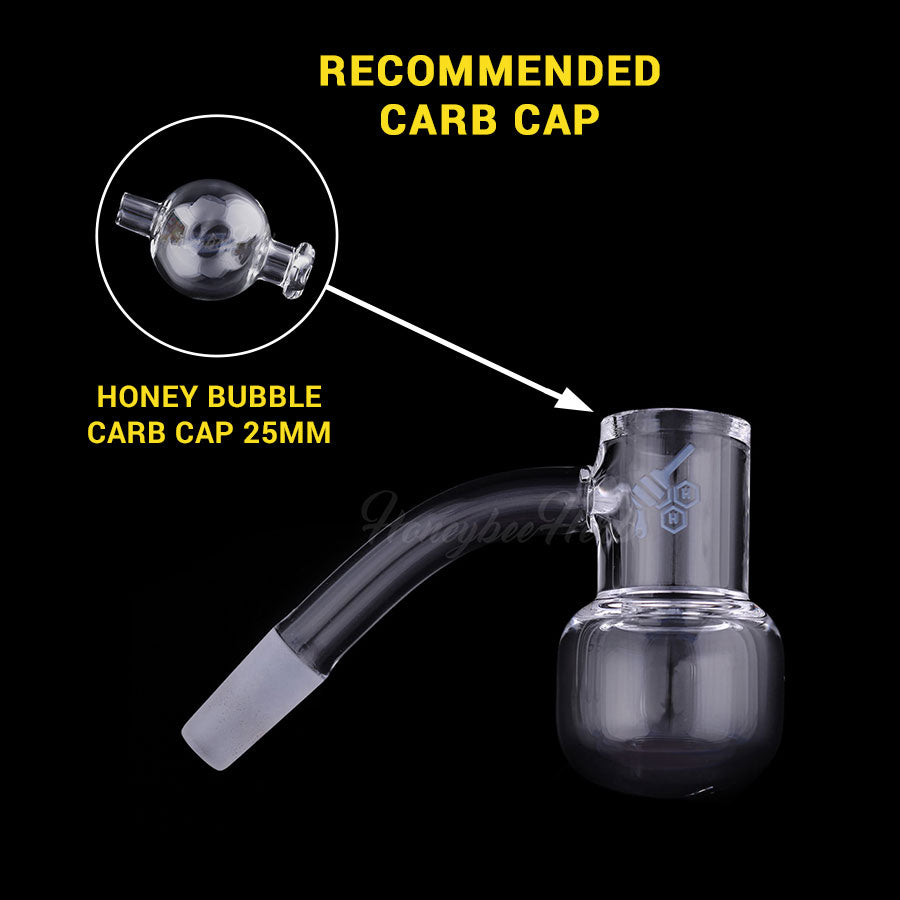 Honey Kettle Quartz Banger at 45Β° angle with recommended carb cap for dab rigs, clear quartz, side view.