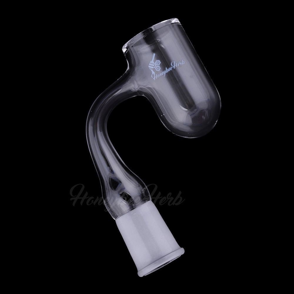 Honeybee Herb Quartz Banger with 90Β° angle, 14mm female joint, clear flat top design, side view