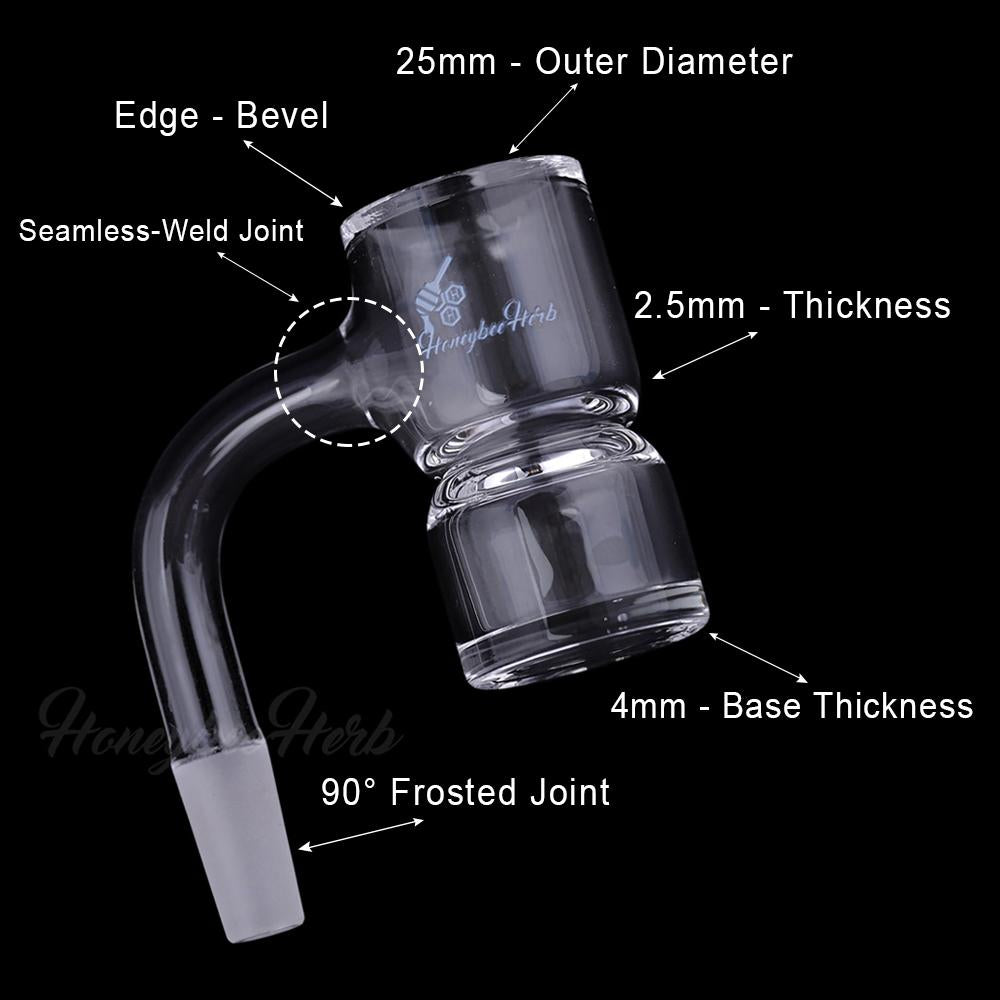 Honeybee Herb Bevel Splash Bucket 90° Degree Clear Quartz Banger Side View on Black Background
