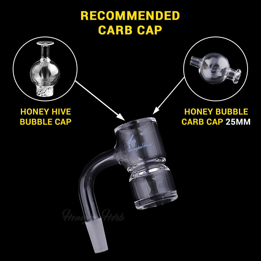 Honeybee Herb Bevel Splash Bucket 90° with Recommended Carb Caps, Clear Quartz, Side View
