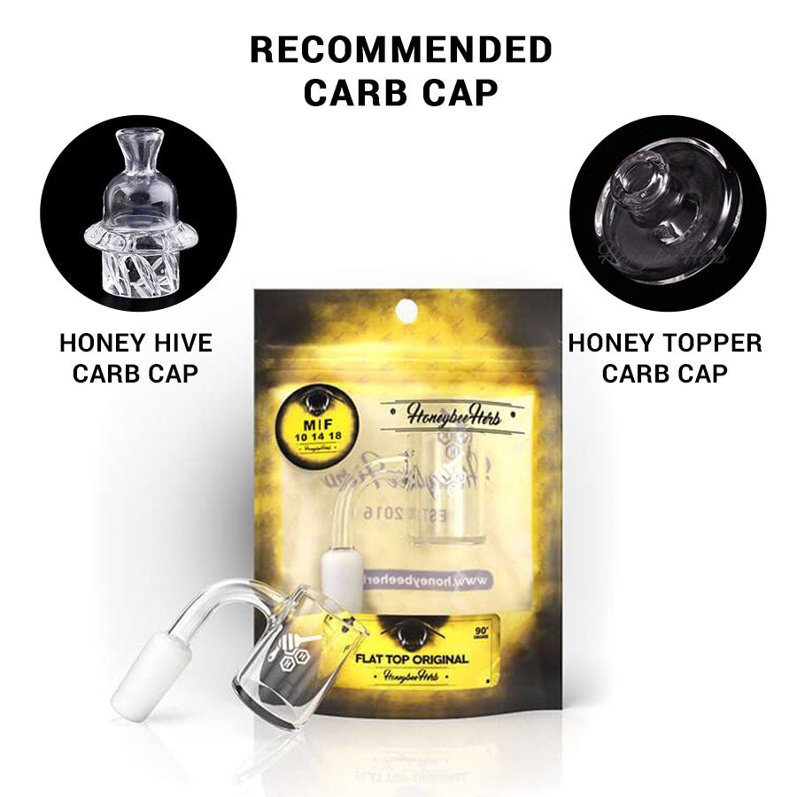 Honeybee Herb Flat Top Quartz Banger at 90Β° angle, clear, with recommended carb caps