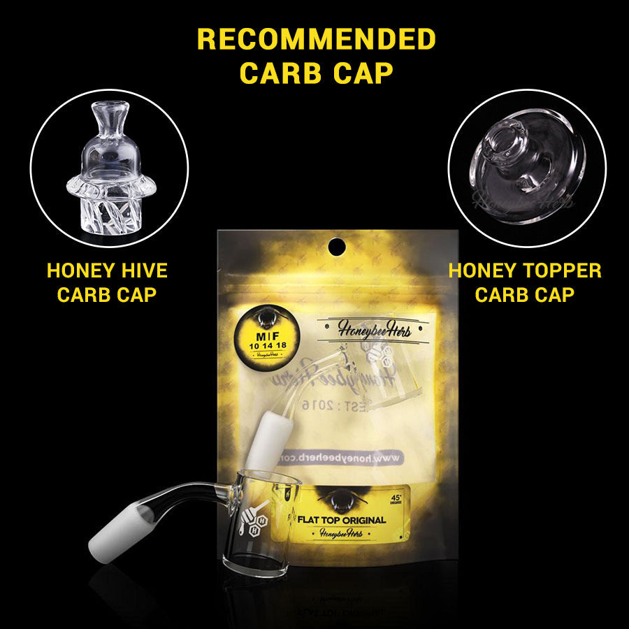 Honeybee Herb Flat Top Quartz Banger at 45Β° with Recommended Carb Caps