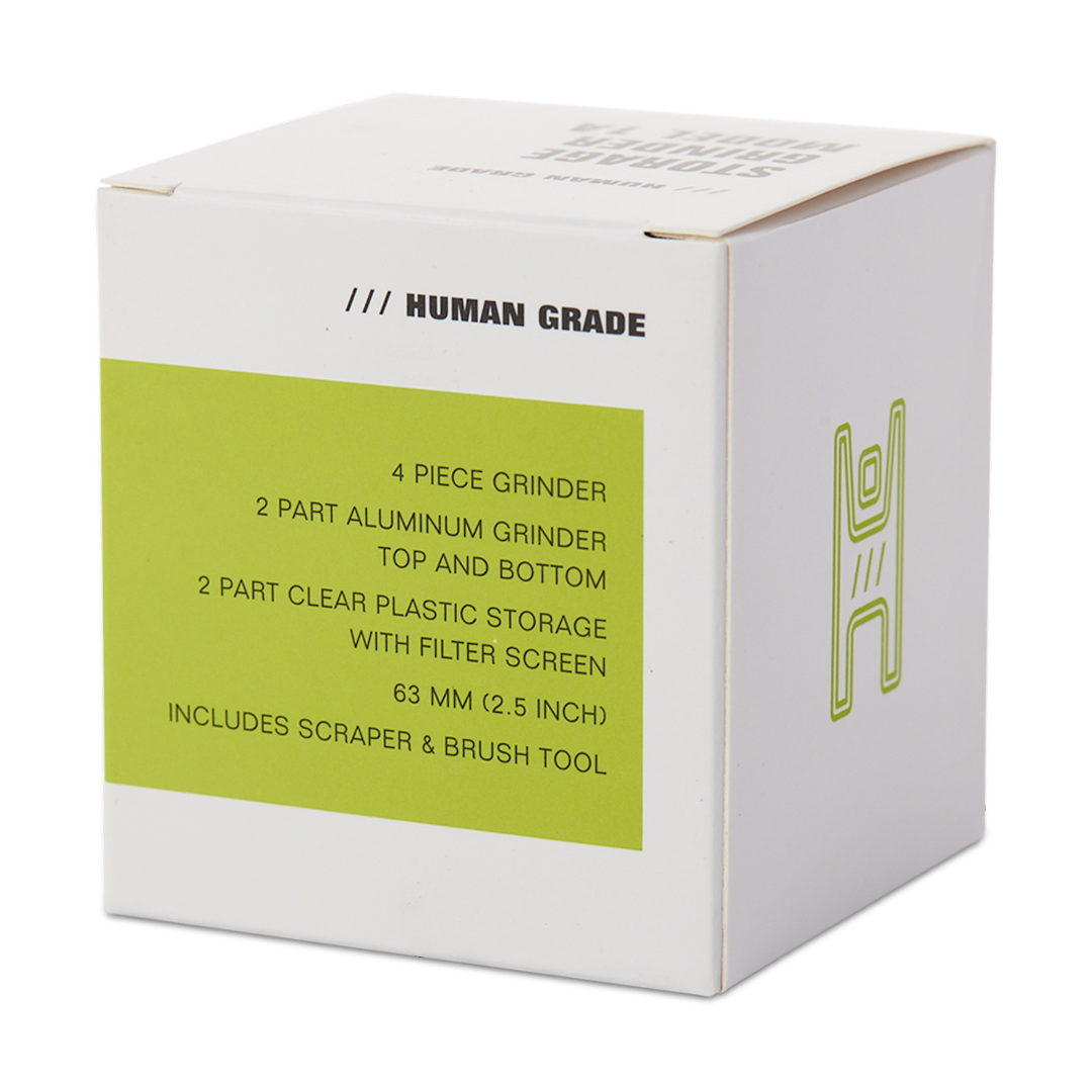 Human Grade Storage Grinder 1A packaging, 2.5" 4-piece aluminum, front view on white background