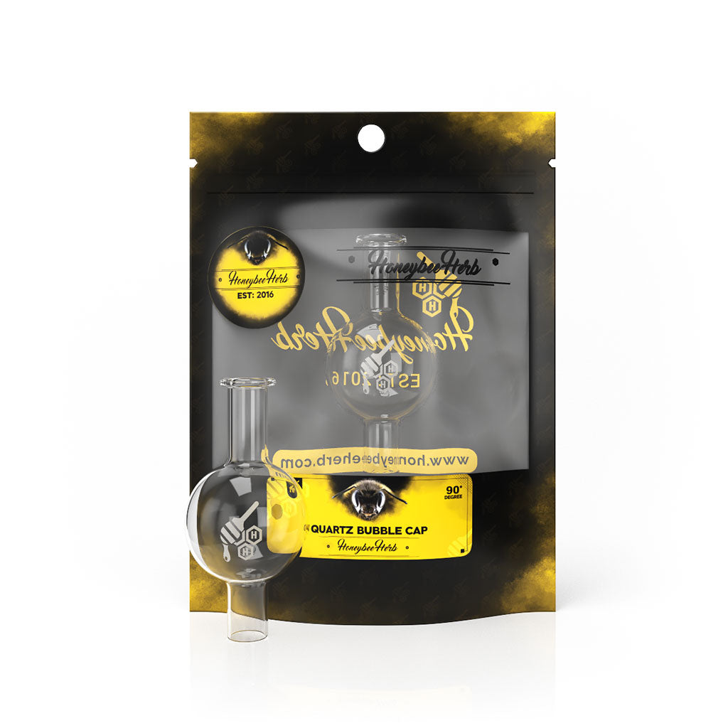 Honeybee Herb Quartz Bubble Carb Cap for Dab Rigs, Clear, Front View on Branded Packaging