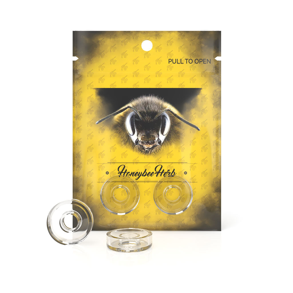 Honeybee Herb Quartz Dishes 22.5mm for Hybrid Dab Rigs, Clear, Front View on Brand Packaging