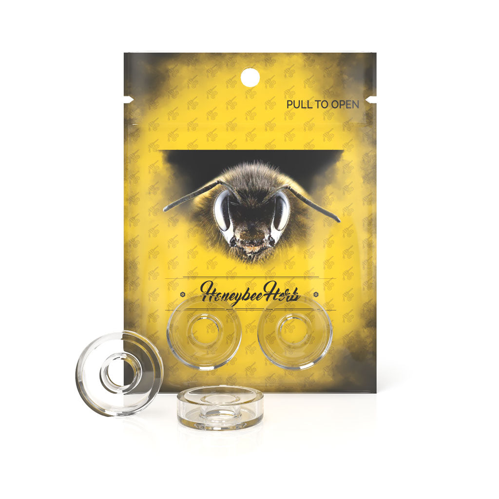 Honeybee Herb Quartz Dishes 25mm for Dab Rigs, Clear Quartz, Front View on Branded Package