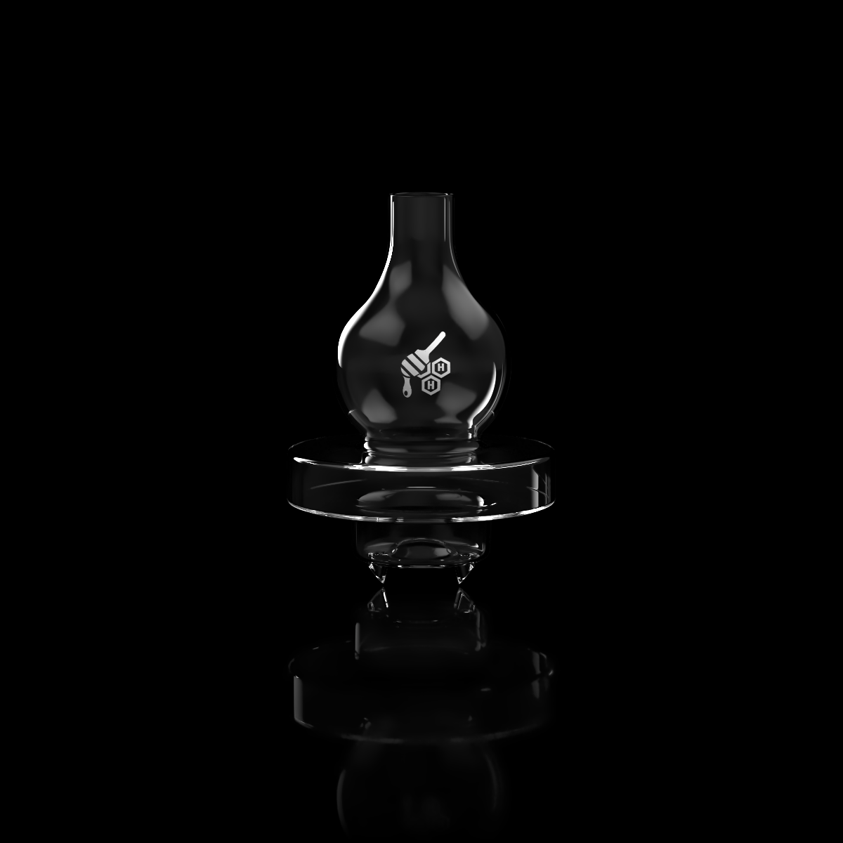 Honeybee Herb Quartz Dual Spinner Carb Cap for Dab Rigs, Clear, Front View on Black Background