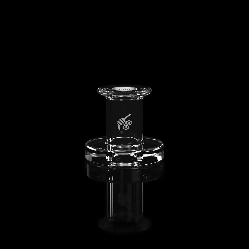 Honeybee Herb Quartz Stamp Carb Cap for Dab Rigs, Clear 30mm, Front View on Black Background