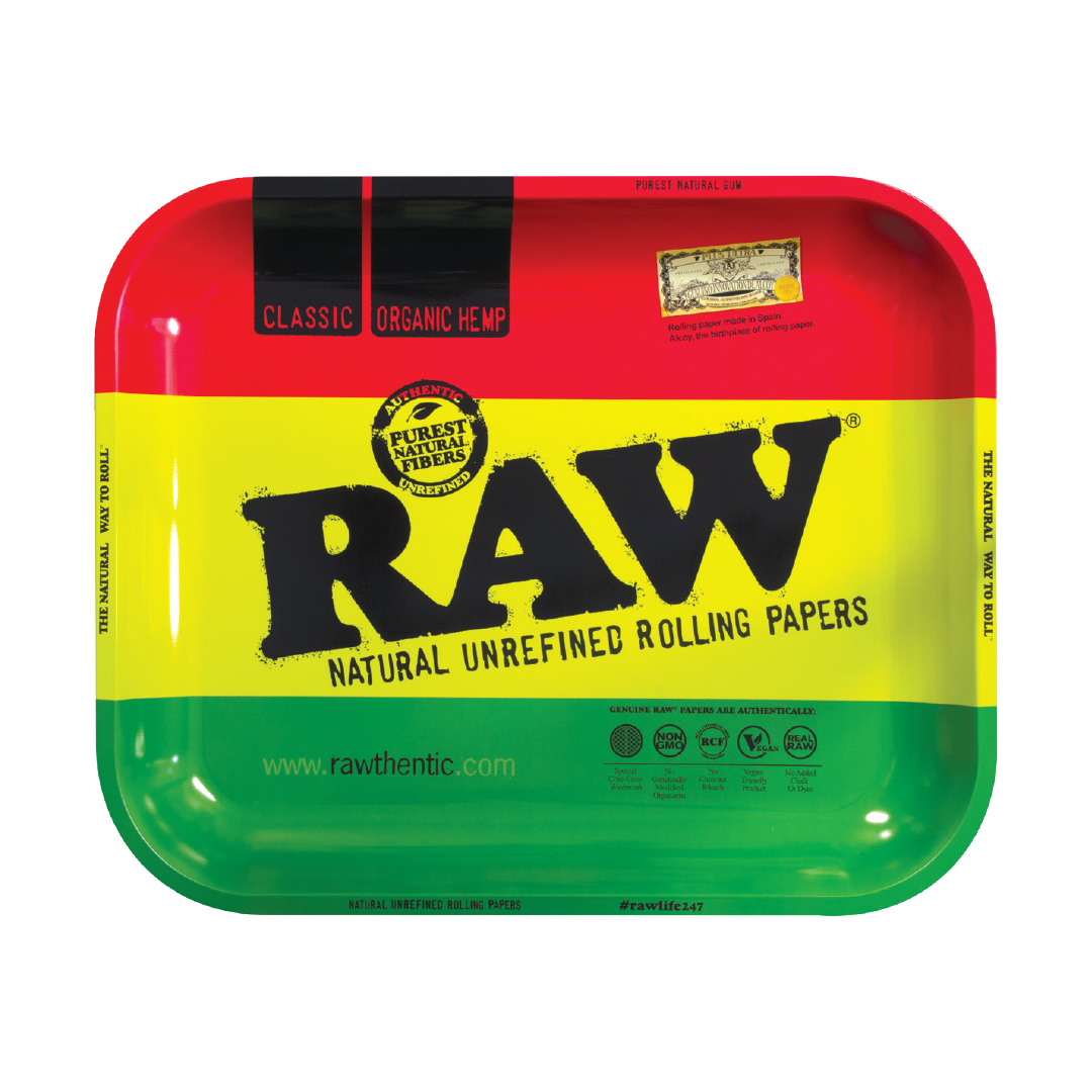 Large RAWsta Essential Rolling Tray by RAW, Rasta Colors, Top View, Perfect for Rolling