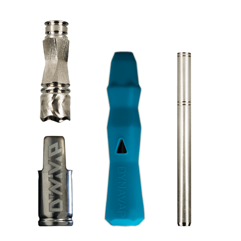 DynaVap 'The B' Neon Series vaporizer components displayed on green background