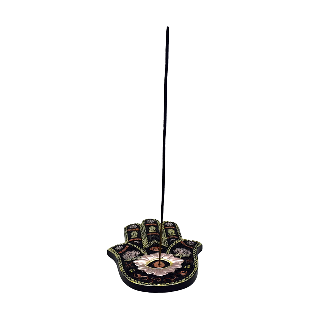 Fantasy Black-Gold Hamsa Incense Stick Burner, Polyresin, Front View