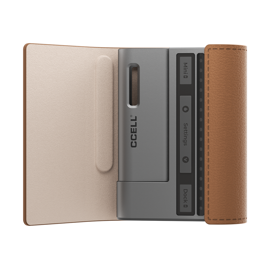 CCELL Fino Vaporizer in Cocoa Moon Grey, top view with flip cover open, compact design