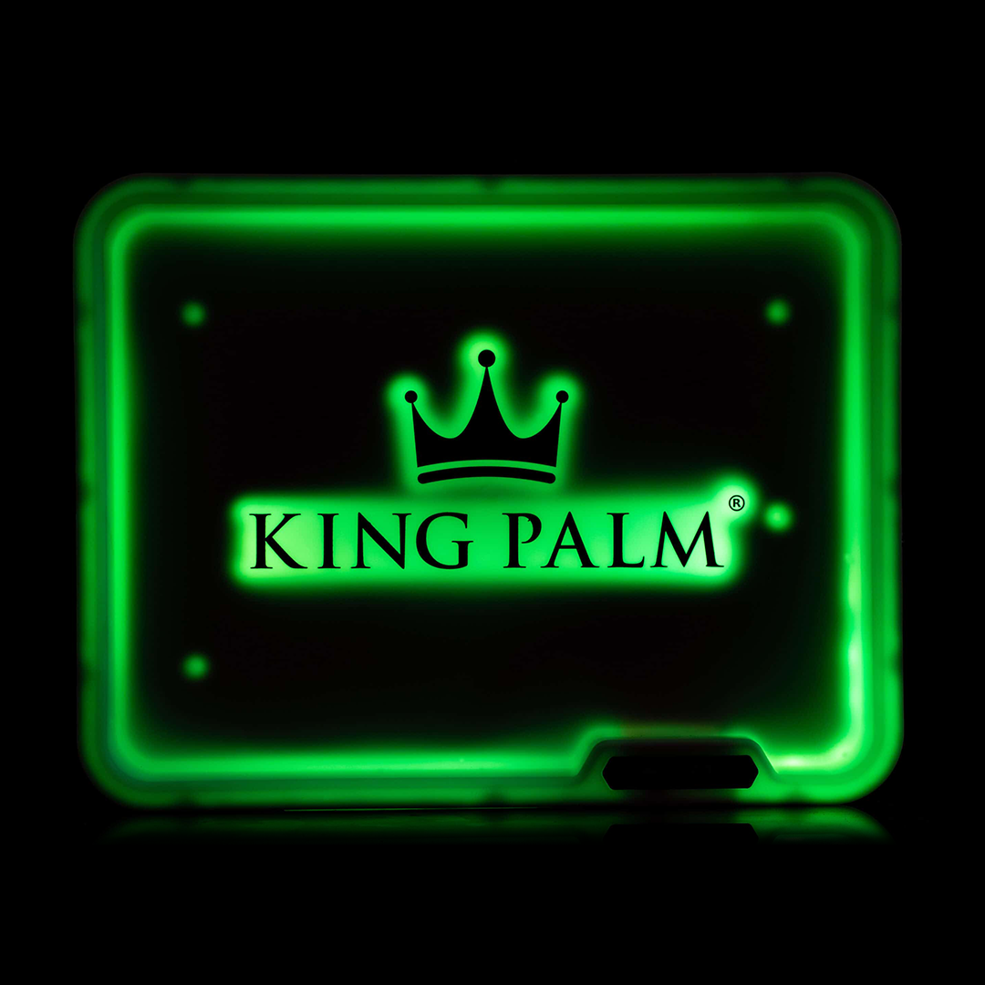 King Palm 11" LED Glow Rolling Tray illuminated in green with 16 color options, front view