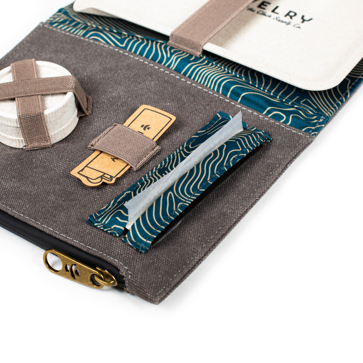 Revelry Supply Rolling Kit open view showing compartments and smell proof feature