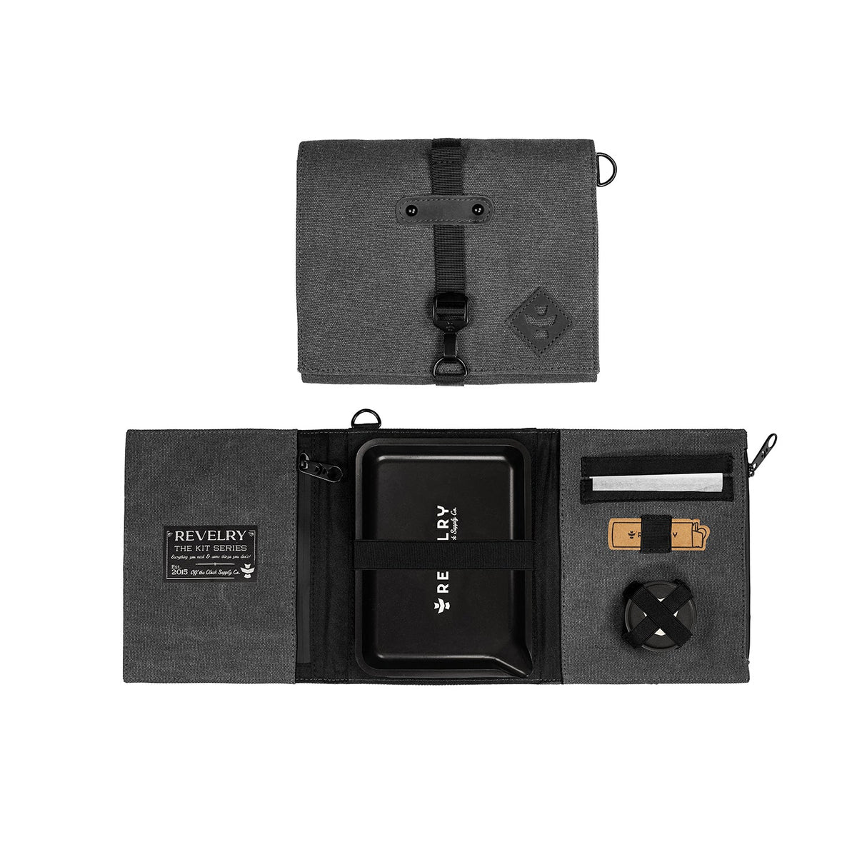 Revelry Supply's The Rolling Kit open view, showing smell proof container, grinder, and compartments.