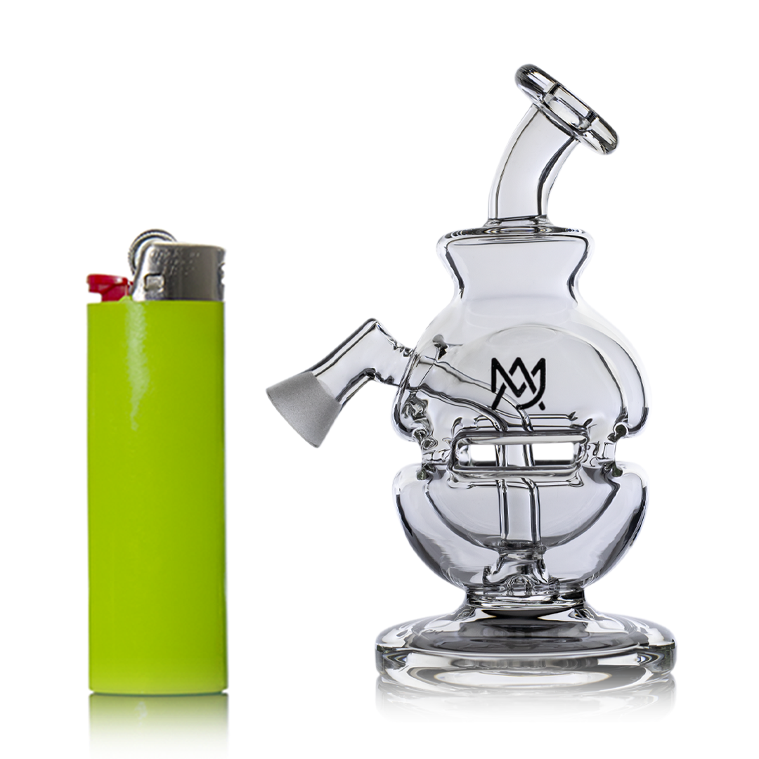 MJ Arsenal Royale Vape Edition mini dab rig with quartz banger, next to green lighter