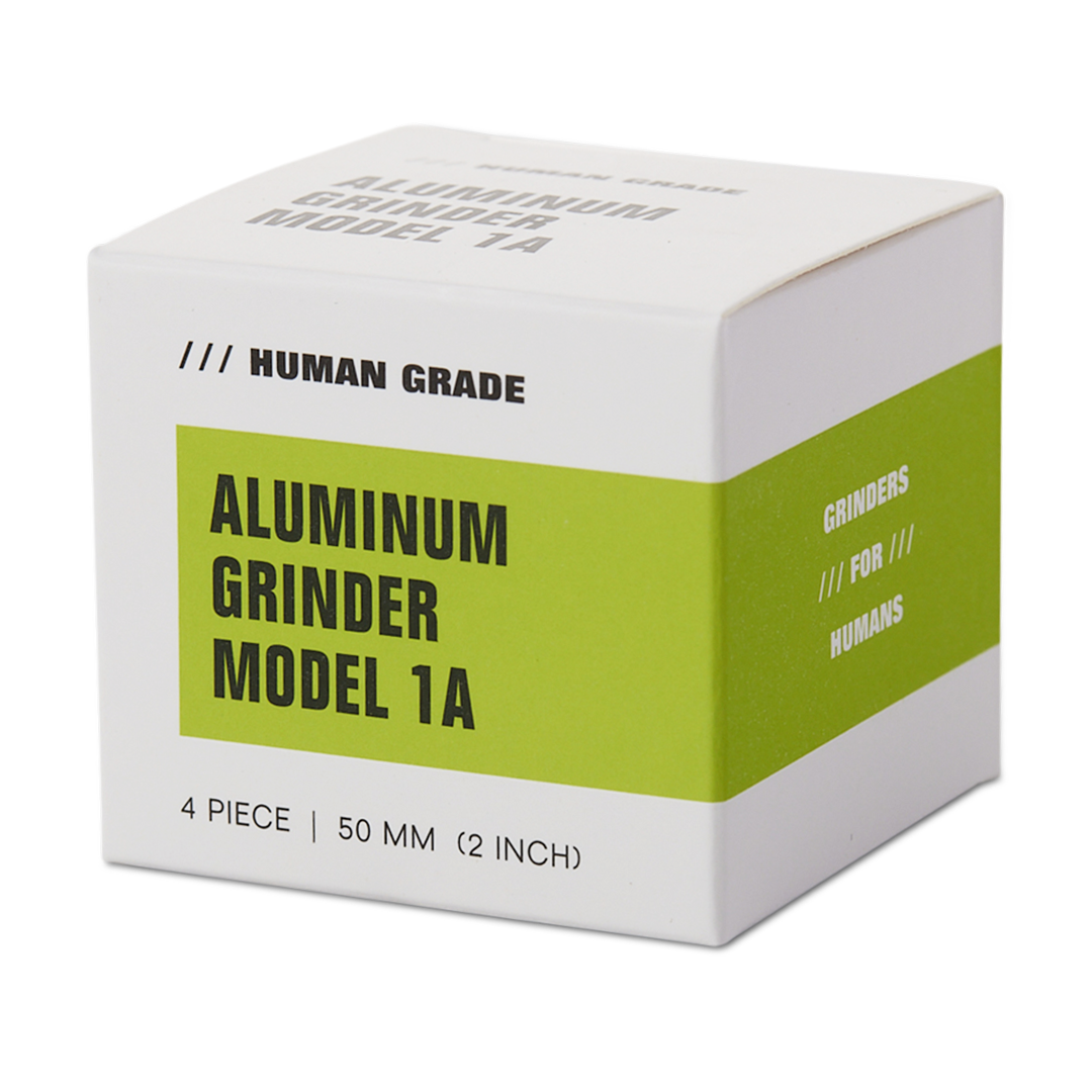 Human Grade Aluminum Grinder Model 1A Packaging - 2" 4-Piece Grinder Box Front View