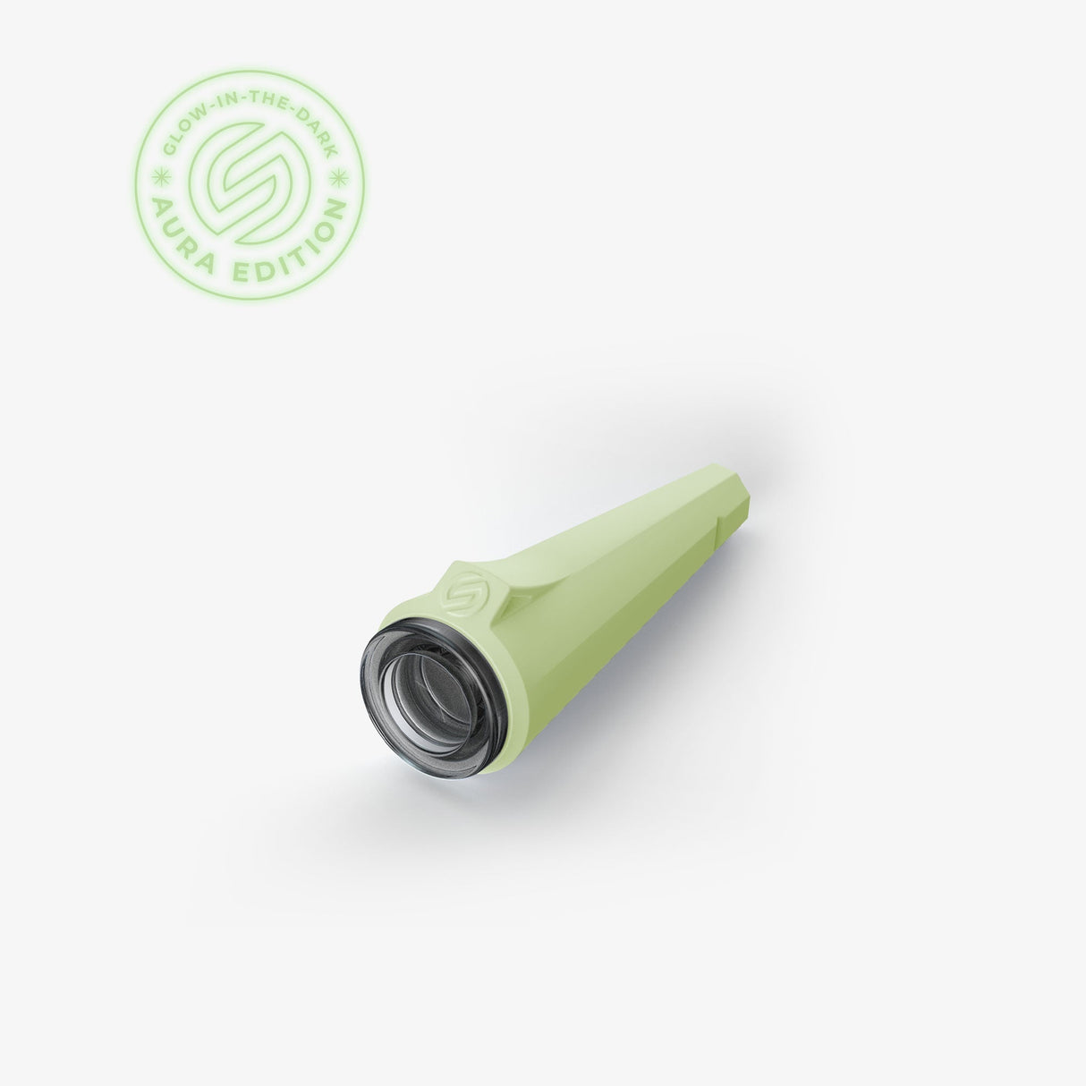 SOFTGLASS Aura Pinch One Hitter in glow-in-the-dark green with silicone cover, top view