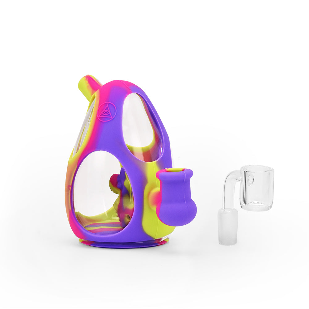 Ritual 5'' Silicone Dino Egg Rig in Miami Sunset color scheme with quartz banger, front view