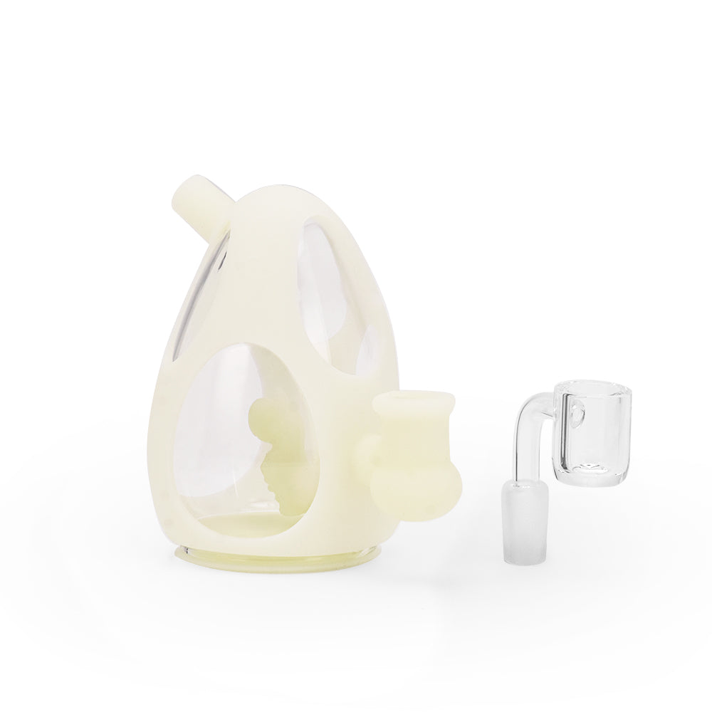Ritual Silicone Dino Egg Dab Rig in UV Reactive Titanium White with Quartz Banger - Front View