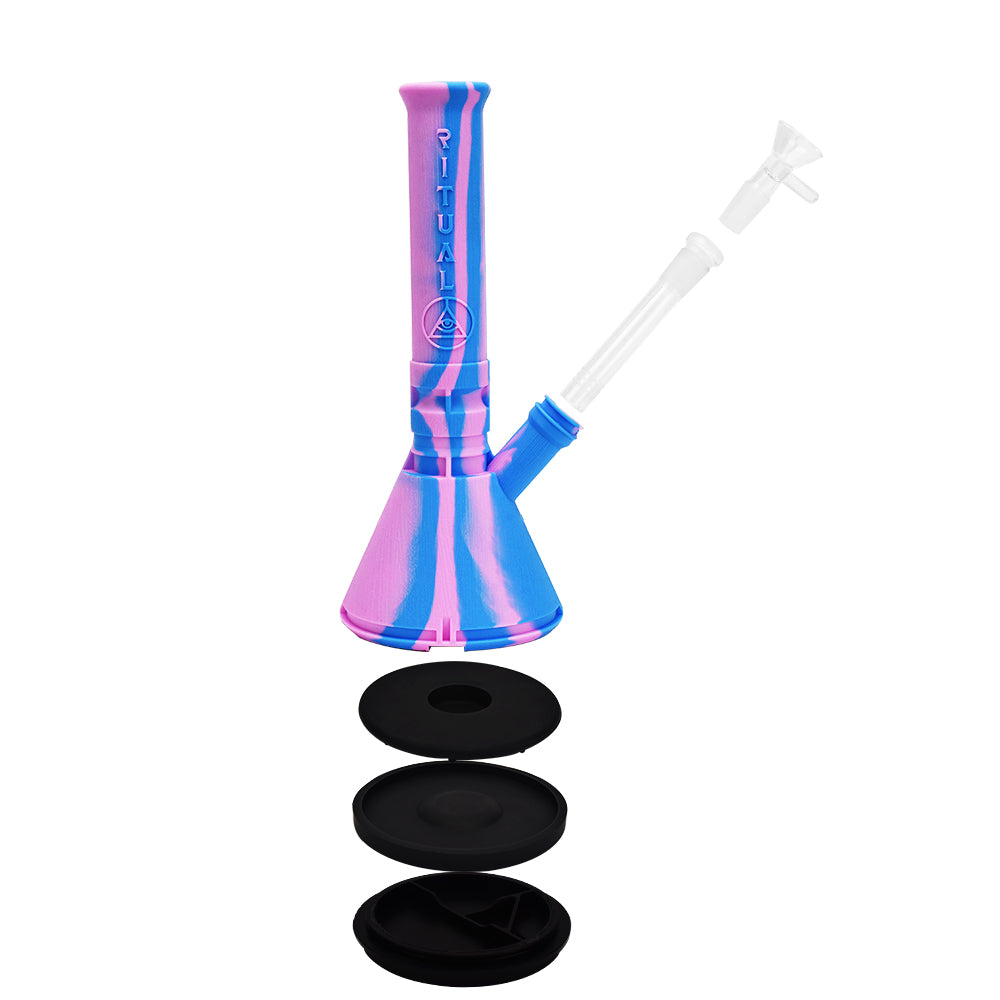 Ritual 12'' Deluxe Silicone Modular Beaker in Rasta Colors - Front View with Disassembled Parts