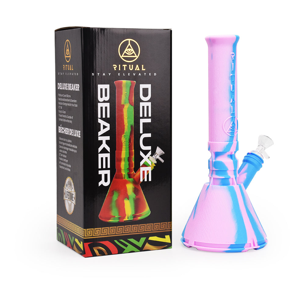 Ritual 12'' Deluxe Silicone Beaker in Cotton Candy colors beside its packaging